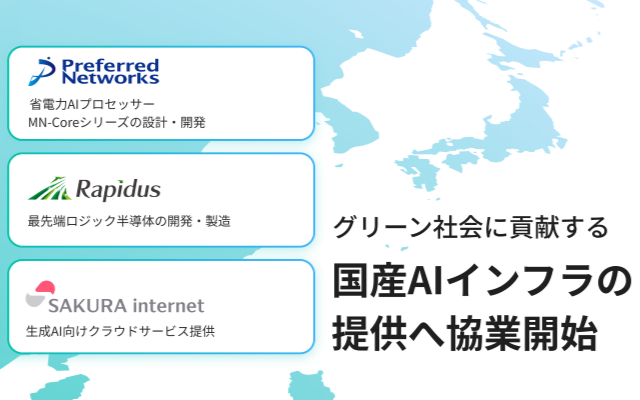 Preferred Networks、Rapidus、さくらインターネット、グリーン社会に貢献する国産AIインフラの提供に向け、基本合意を締結